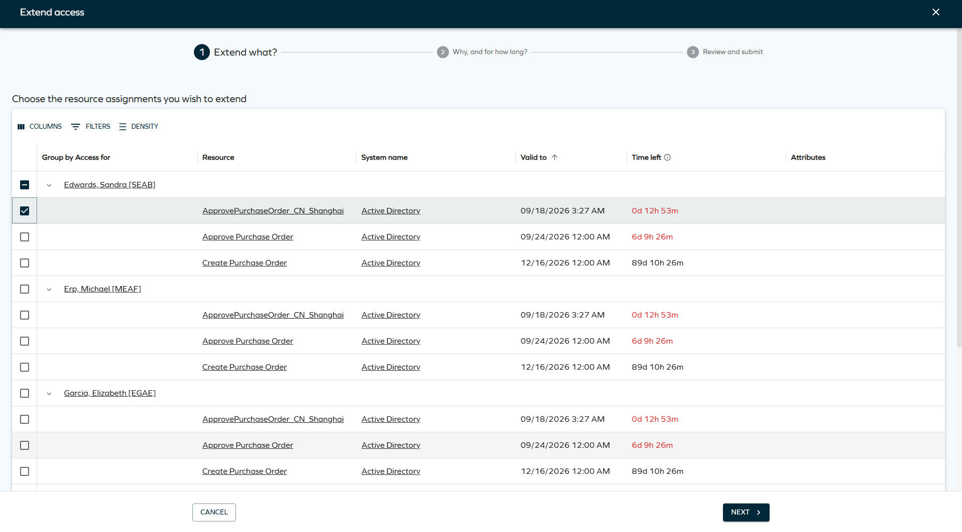 Extend access wizard, Extend what? step, showing resource assignments grouped by identity with one assignment selected